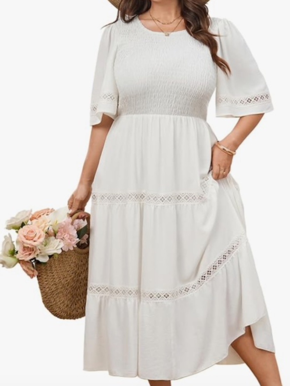 NWT! Women's White Smocked Maxi Dress with Lace Trim